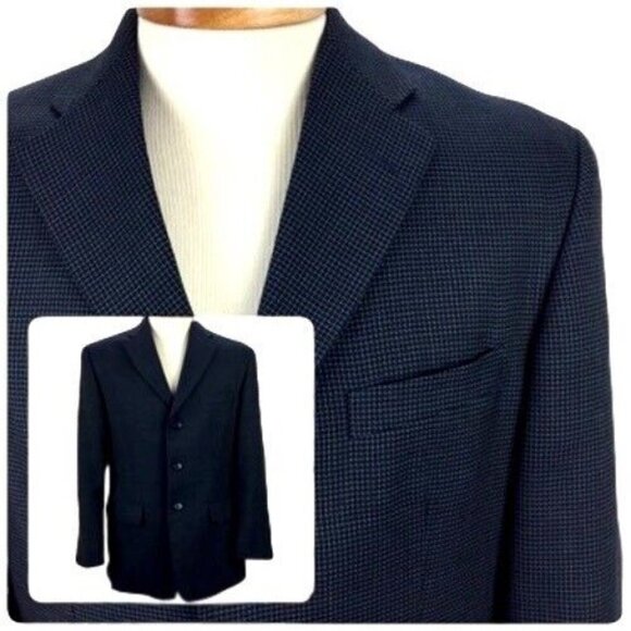 Haggar Sports Coat Mens 40 Short Houndstooth Wool Blend Single Breast Blue - Picture 2 of 9